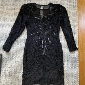 Vintage Black Silk Beaded Long Sleeve Mini Dress Size 6